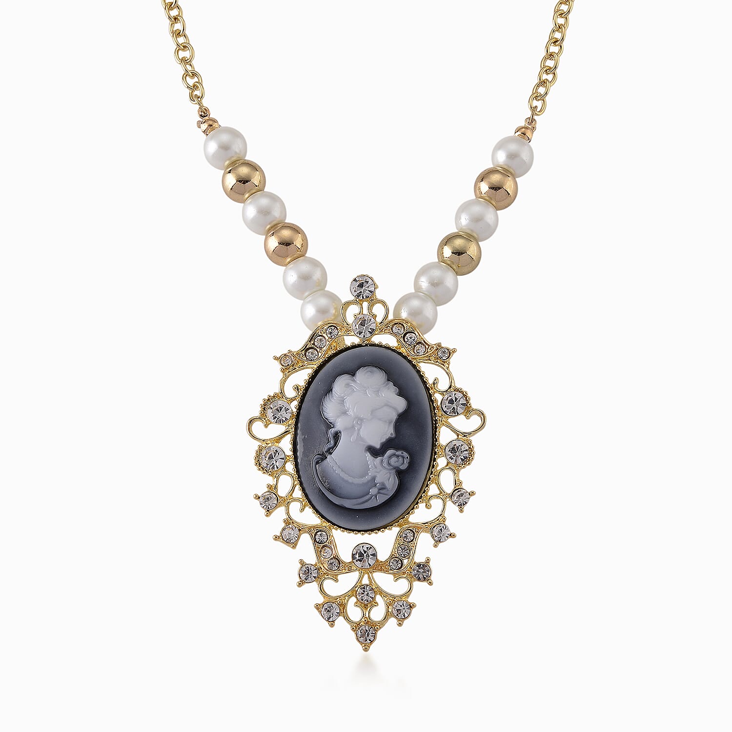Black Cameo and Multi Gemstone Earrings and Necklace (20-22 Inches) in Goldtone & ION Plated YG Stainless Steel
