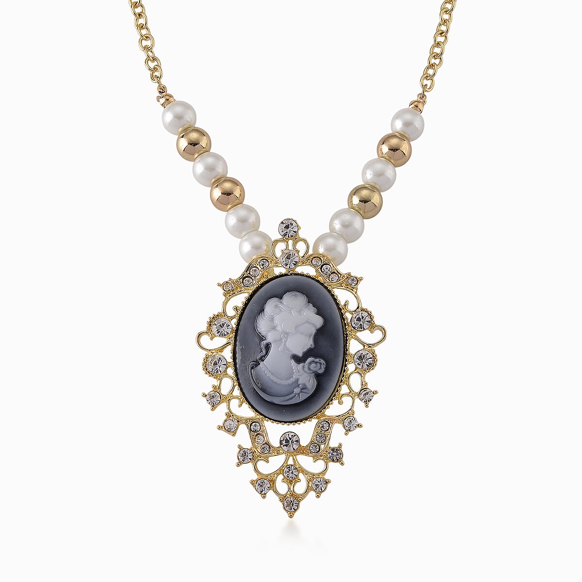 Black Cameo and Multi Gemstone Earrings and Necklace (20-22 Inches) in Goldtone & ION Plated YG Stainless Steel image number 3