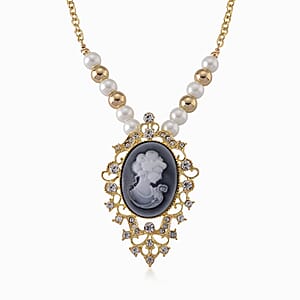 Black Cameo and Multi Gemstone Earrings and Necklace (20-22 Inches) in Goldtone & ION Plated YG Stainless Steel