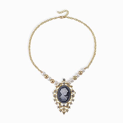 Black Cameo and Multi Gemstone Earrings and Necklace (20-22 Inches) in Goldtone & ION Plated YG Stainless Steel