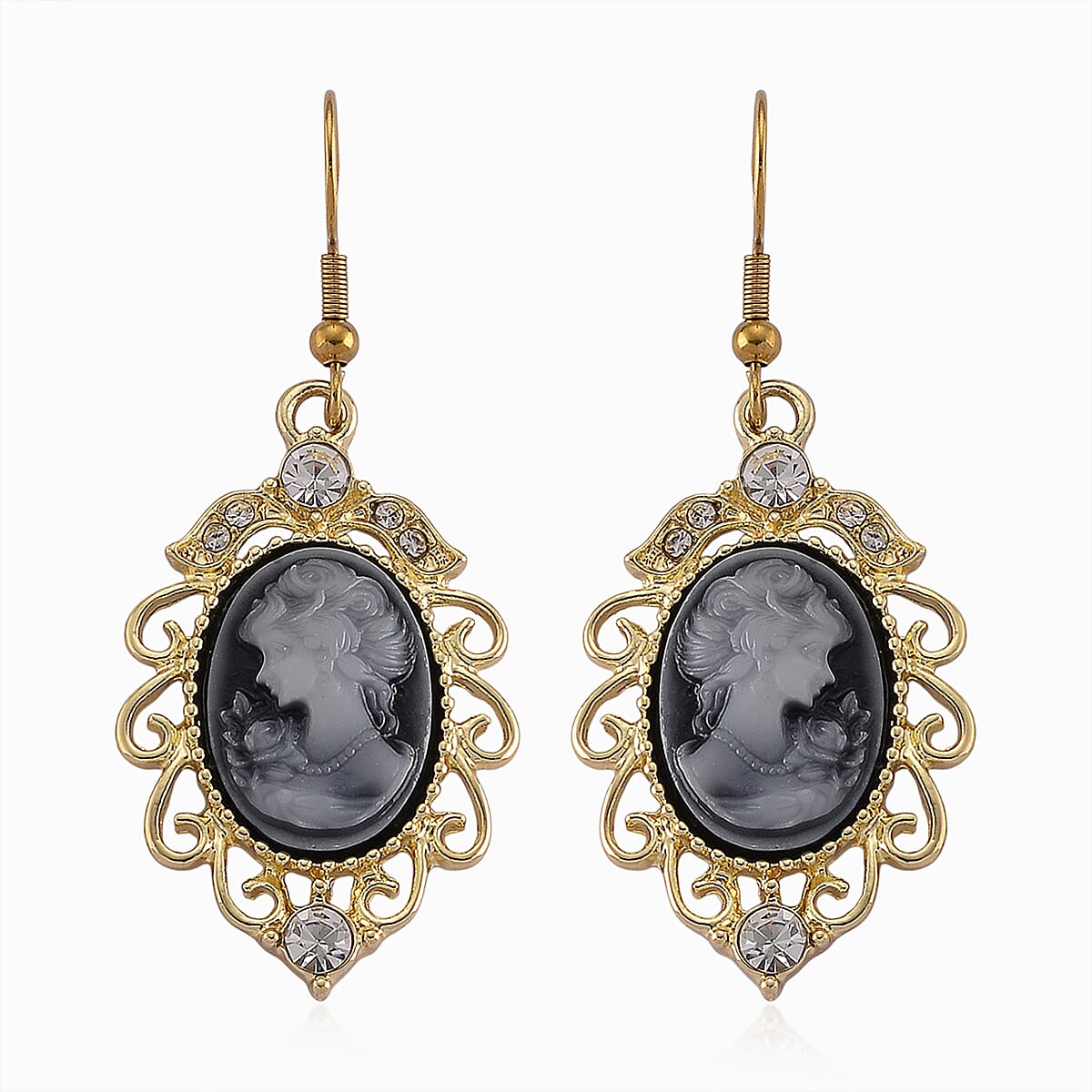 Black Cameo and Multi Gemstone Earrings and Necklace (20-22 Inches) in Goldtone & ION Plated YG Stainless Steel image number 6