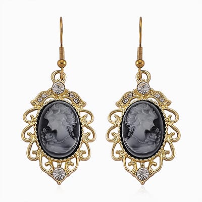 Black Cameo and Multi Gemstone Earrings and Necklace (20-22 Inches) in Goldtone & ION Plated YG Stainless Steel