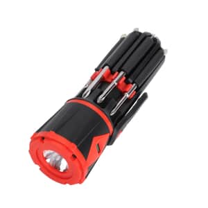 Red And Black 10-in-1 Multi-Functional, Portable, AAA Battery Operated Screwdriver Repair Tool Kit with LED Portable Flash Light, One-Meter Long Tape