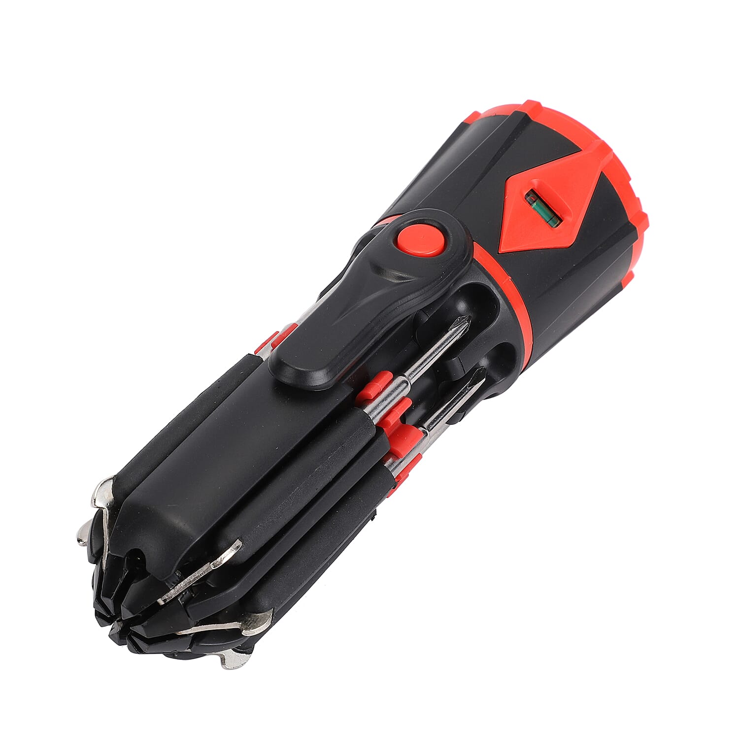 Red And Black 10-in-1 Multi-Functional, Portable, AAA Battery Operated Screwdriver Repair Tool Kit with LED Portable Flash Light, One-Meter Long Tape