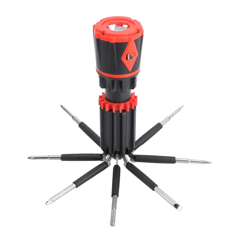 Red And Black 10-in-1 Multi-Functional, Portable, AAA Battery Operated Screwdriver Repair Tool Kit with LED Portable Flash Light, One-Meter Long Tape