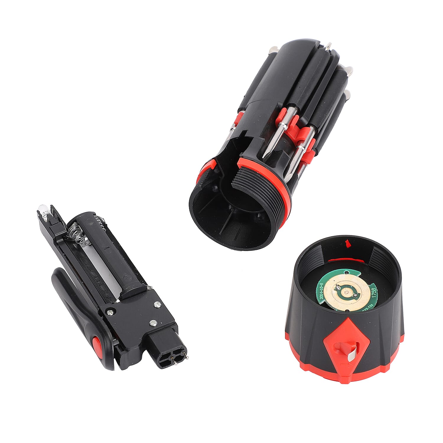 Red And Black 10-in-1 Multi-Functional, Portable, AAA Battery Operated Screwdriver Repair Tool Kit with LED Portable Flash Light, One-Meter Long Tape