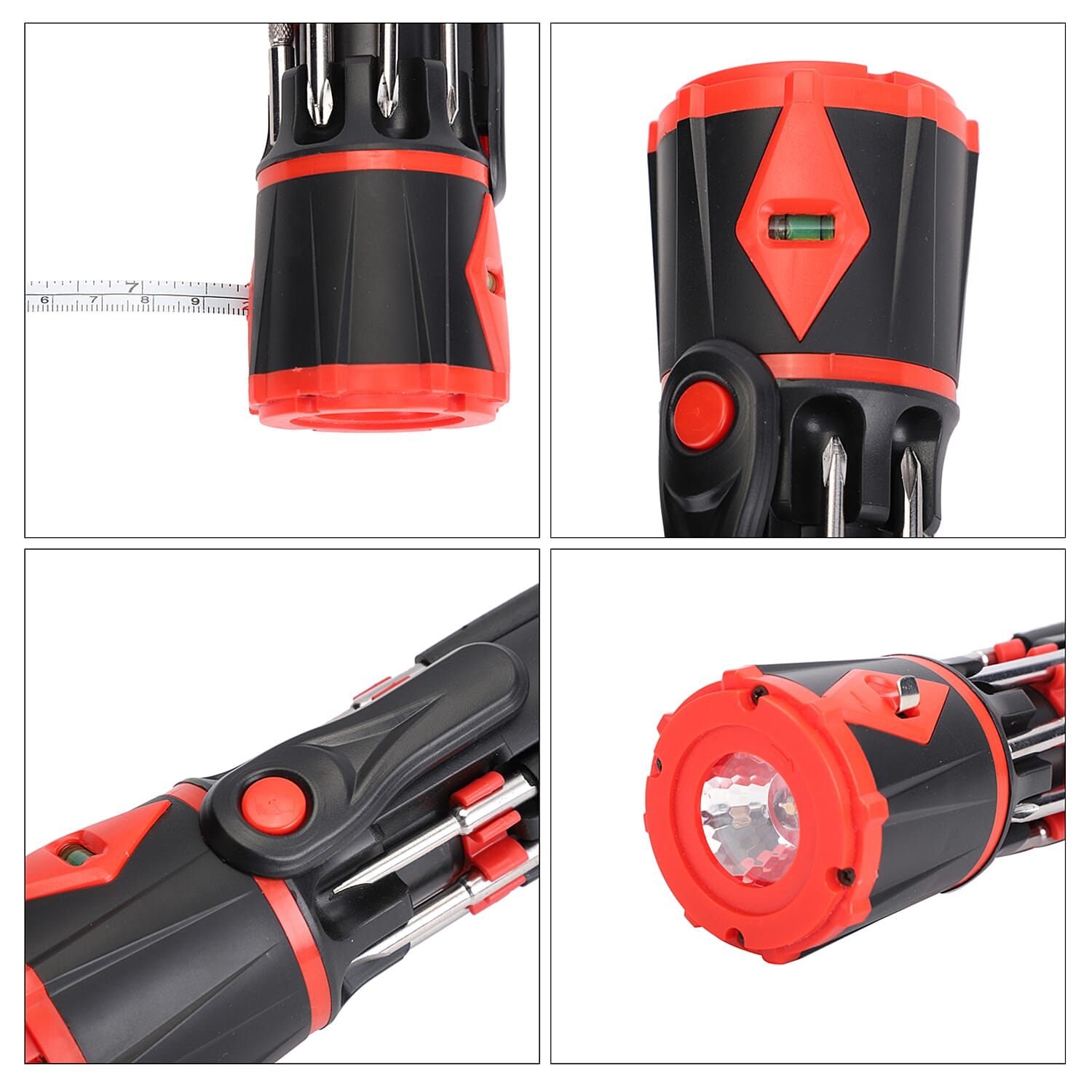 Red And Black 10-in-1 Multi-Functional, Portable, AAA Battery Operated Screwdriver Repair Tool Kit with LED Portable Flash Light, One-Meter Long Tape