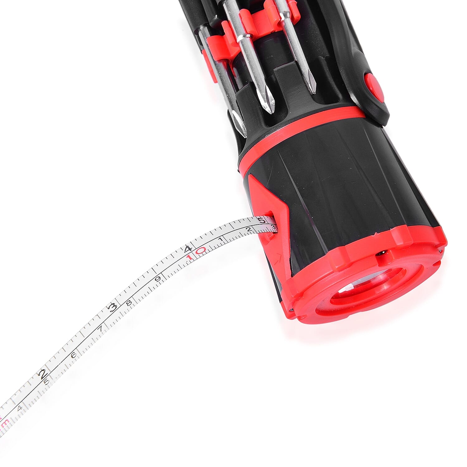 Red And Black 10-in-1 Multi-Functional, Portable, AAA Battery Operated Screwdriver Repair Tool Kit with LED Portable Flash Light, One-Meter Long Tape
