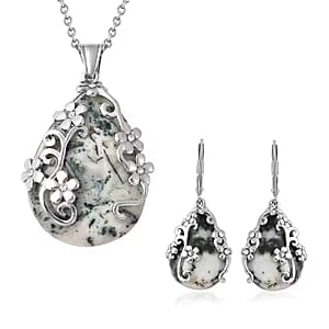 Set of Dendritic Agate 92.50 ctw Floral Earrings and Pendant Necklace, White Austrian Crystal Accent Jewelry Set in Stainless Steel, Birthday Gifts For Her