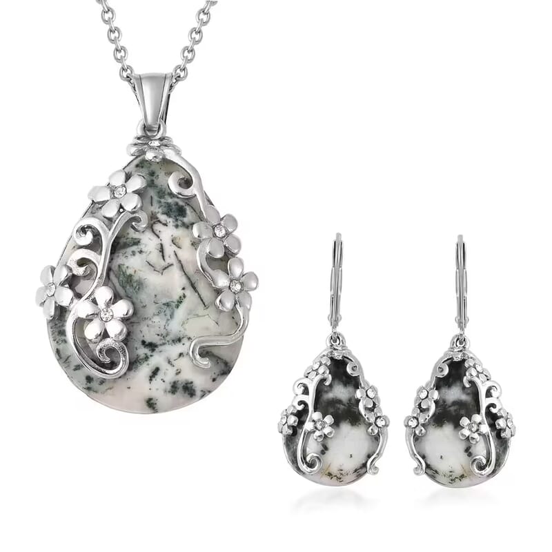 Set of Dendritic Agate 92.50 ctw Floral Earrings and Pendant Necklace, White Austrian Crystal Accent Jewelry Set in Stainless Steel, Birthday Gifts For Her