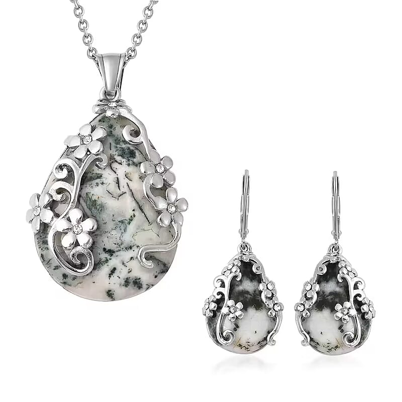 Set of Dendritic Agate 92.50 ctw Floral Earrings and Pendant Necklace, White Austrian Crystal Accent Jewelry Set in Stainless Steel, Birthday Gifts For Her