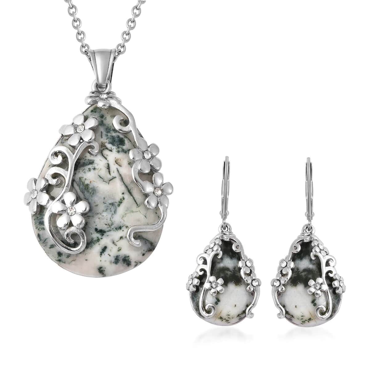 Set of Dendritic Agate Floral Earrings and Pendant Necklace, White Austrian Crystal Accent Jewelry Set in Stainless Steel, Birthday Gifts For Her 92.50 ctw image number 0