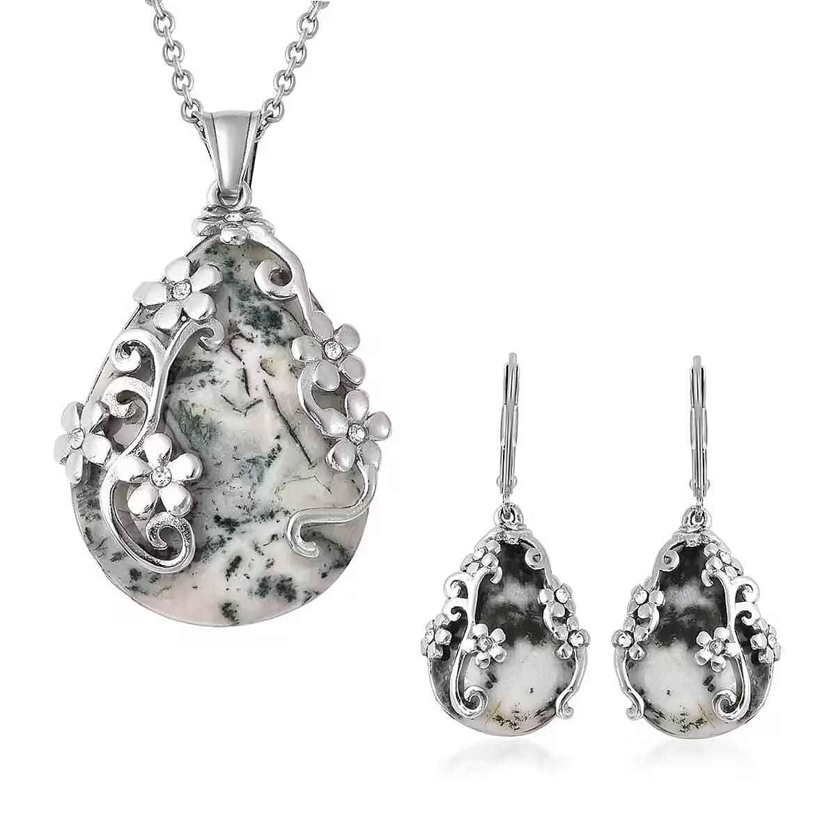 Set of Dendritic Agate Floral Earrings and Pendant Necklace, White Austrian Crystal Accent Jewelry Set in Stainless Steel, Birthday Gifts For Her 92.50 ctw image number 0