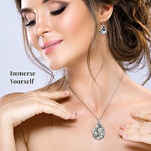 Set of Dendritic Agate 92.50 ctw Floral Earrings and Pendant Necklace, White Austrian Crystal Accent Jewelry Set in Stainless Steel, Birthday Gifts For Her