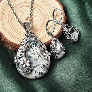 Set of Dendritic Agate 92.50 ctw Floral Earrings and Pendant Necklace, White Austrian Crystal Accent Jewelry Set in Stainless Steel, Birthday Gifts For Her