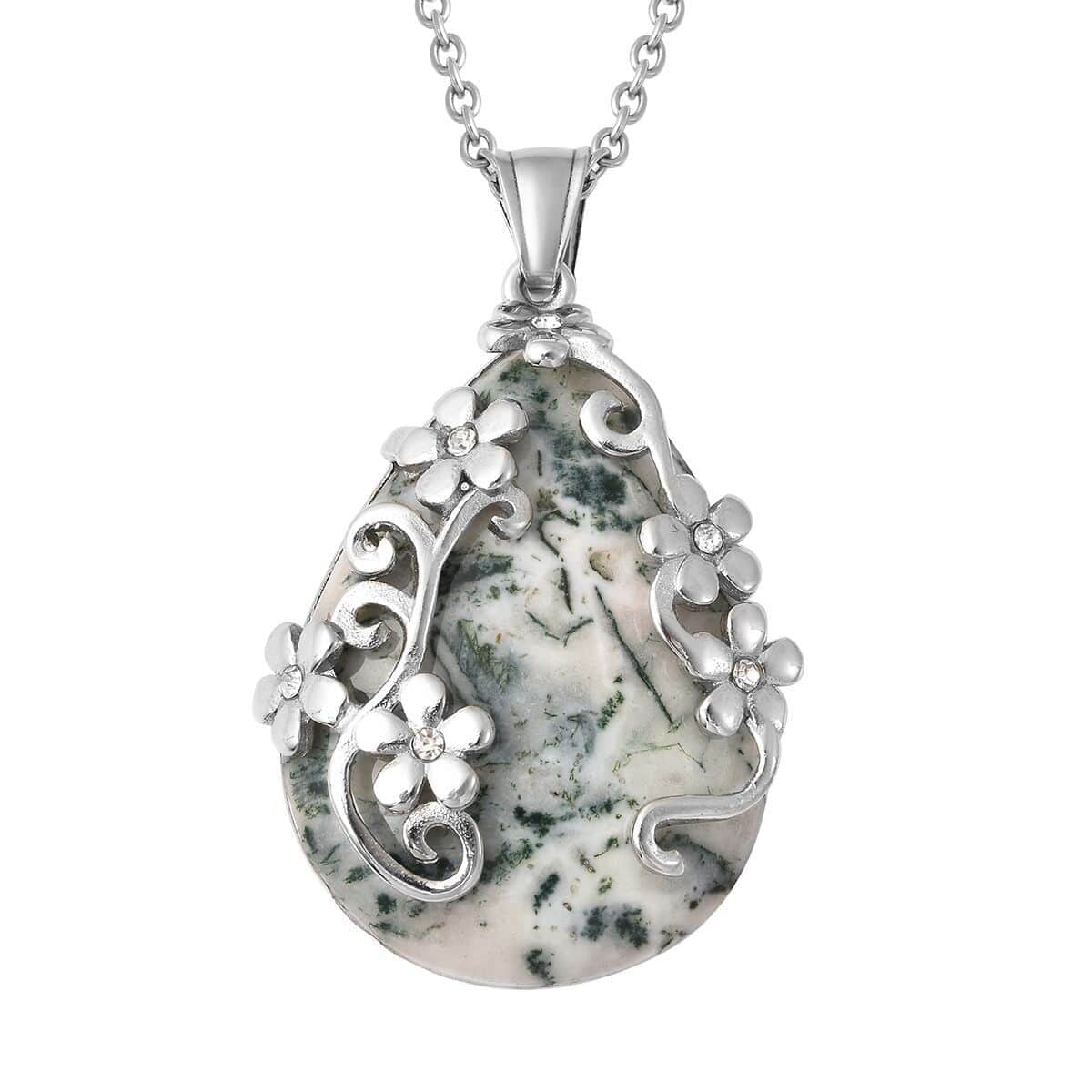 Set of Dendritic Agate Floral Earrings and Pendant Necklace, White Austrian Crystal Accent Jewelry Set in Stainless Steel, Birthday Gifts For Her 92.50 ctw image number 2