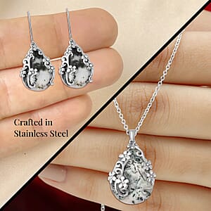 Set of Dendritic Agate 92.50 ctw Floral Earrings and Pendant Necklace, White Austrian Crystal Accent Jewelry Set in Stainless Steel, Birthday Gifts For Her