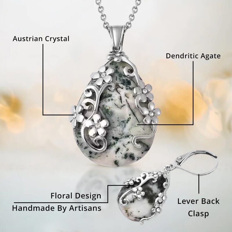 Set of Dendritic Agate 92.50 ctw Floral Earrings and Pendant Necklace, White Austrian Crystal Accent Jewelry Set in Stainless Steel, Birthday Gifts For Her