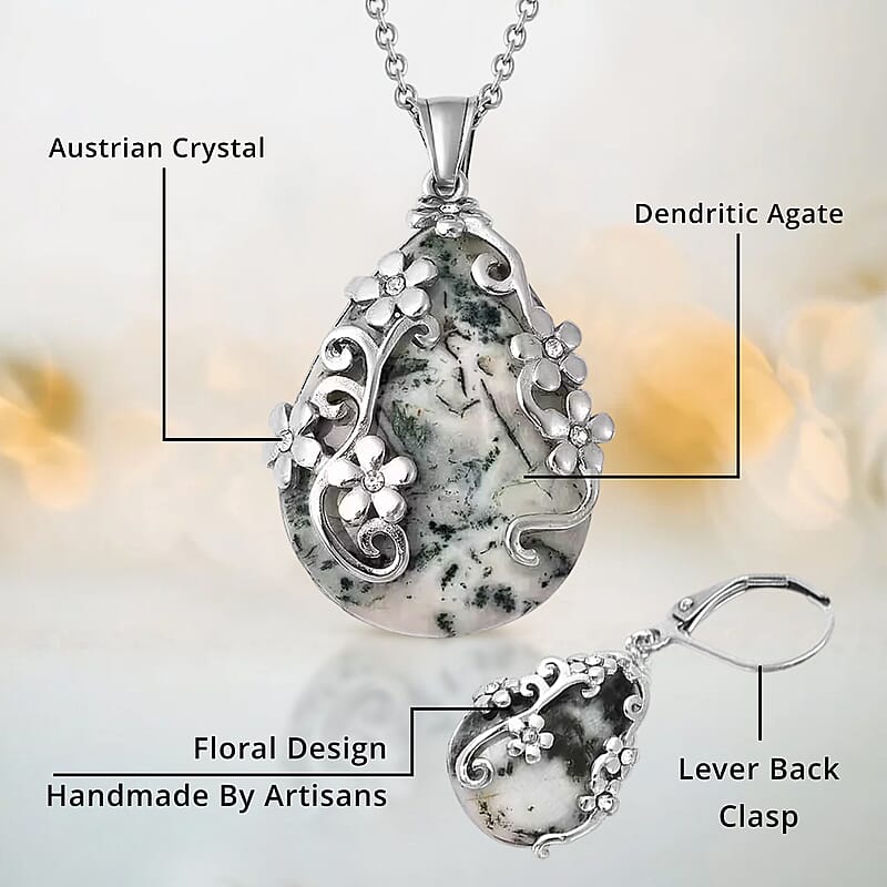 Set of Dendritic Agate 92.50 ctw Floral Earrings and Pendant Necklace, White Austrian Crystal Accent Jewelry Set in Stainless Steel, Birthday Gifts For Her