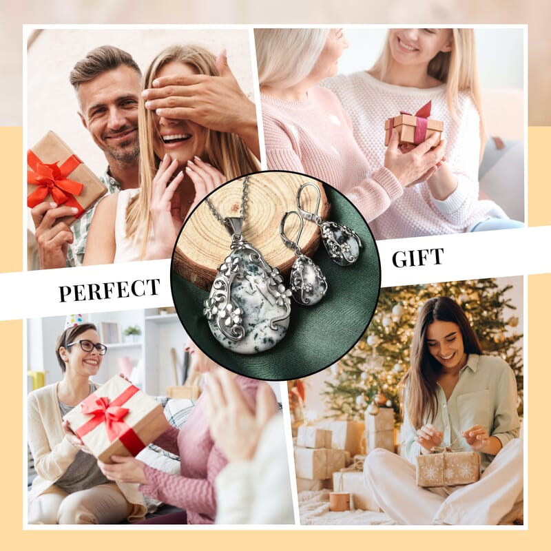 Set of Dendritic Agate 92.50 ctw Floral Earrings and Pendant Necklace, White Austrian Crystal Accent Jewelry Set in Stainless Steel, Birthday Gifts For Her