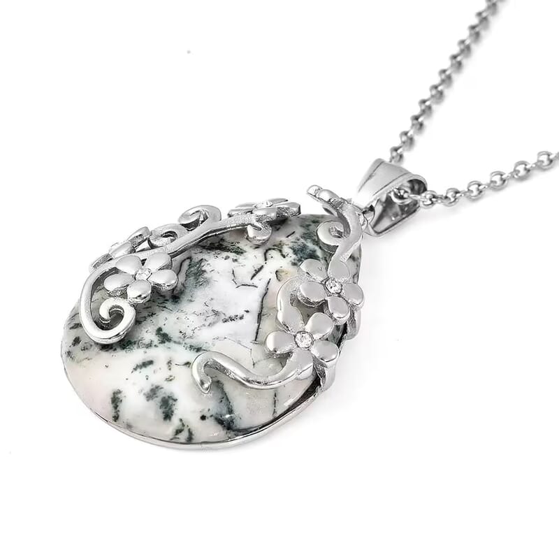 Set of Dendritic Agate 92.50 ctw Floral Earrings and Pendant Necklace, White Austrian Crystal Accent Jewelry Set in Stainless Steel, Birthday Gifts For Her