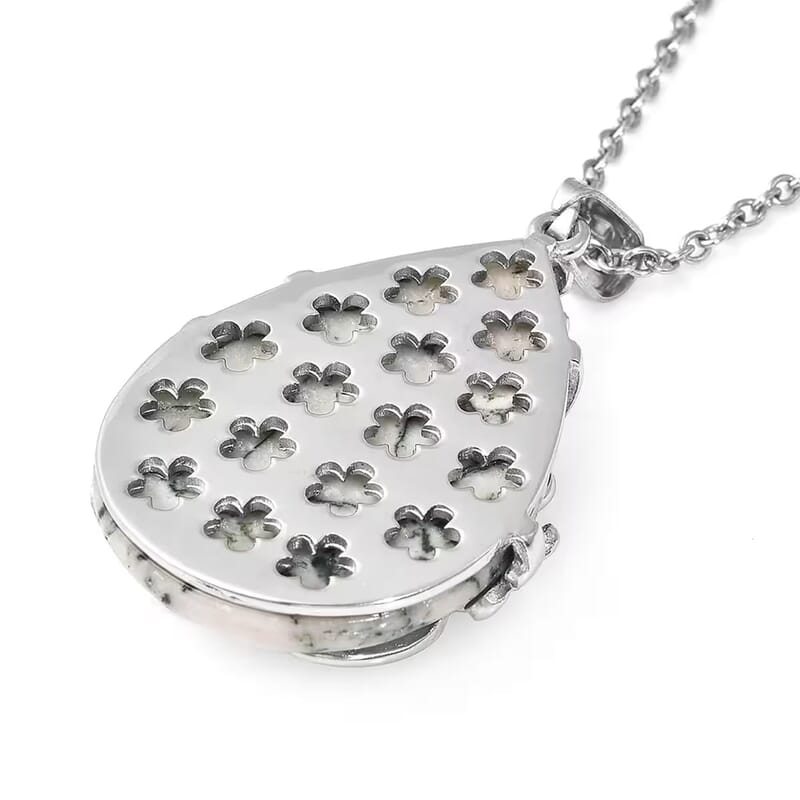 Set of Dendritic Agate 92.50 ctw Floral Earrings and Pendant Necklace, White Austrian Crystal Accent Jewelry Set in Stainless Steel, Birthday Gifts For Her