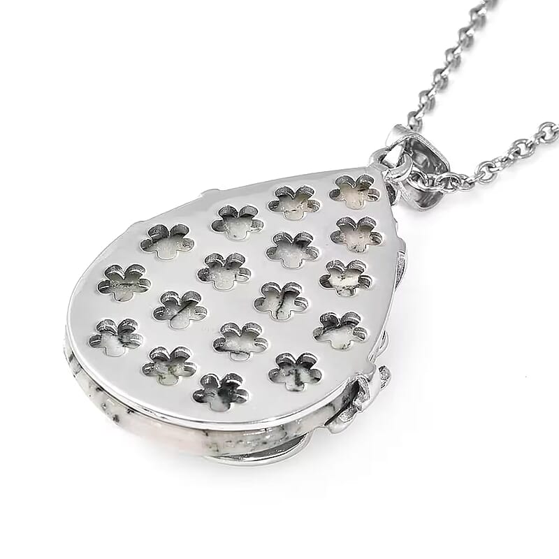 Set of Dendritic Agate 92.50 ctw Floral Earrings and Pendant Necklace, White Austrian Crystal Accent Jewelry Set in Stainless Steel, Birthday Gifts For Her