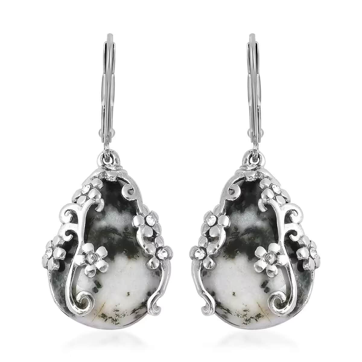 Set of Dendritic Agate 92.50 ctw Floral Earrings and Pendant Necklace, White Austrian Crystal Accent Jewelry Set in Stainless Steel, Birthday Gifts For Her image number 8