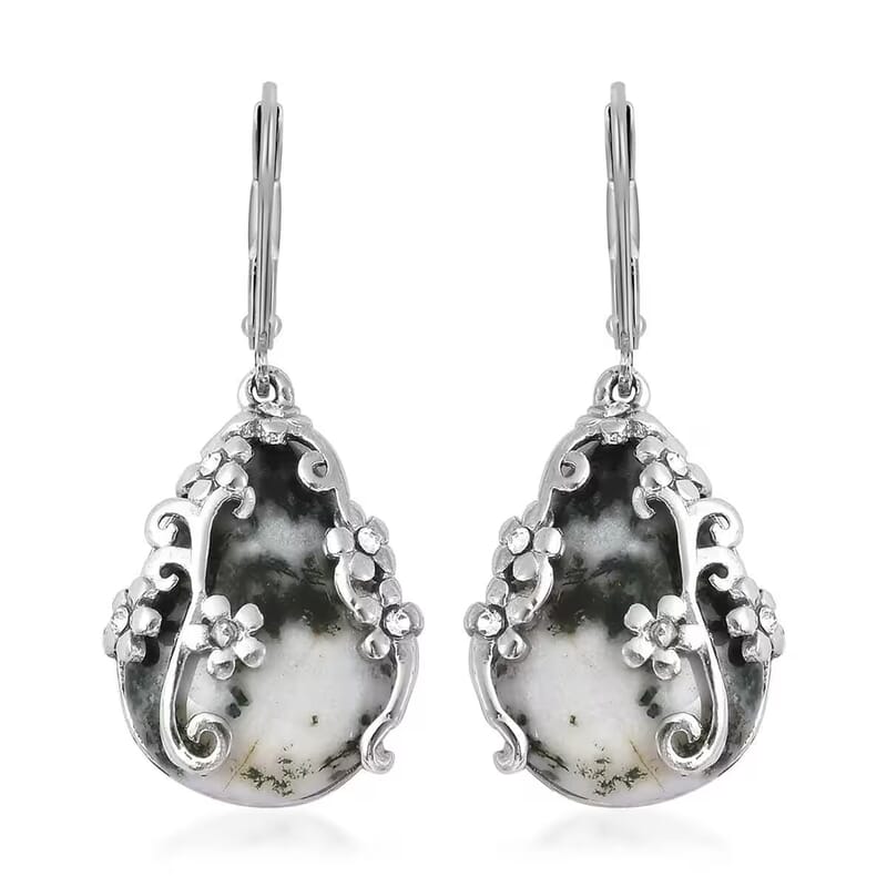 Set of Dendritic Agate 92.50 ctw Floral Earrings and Pendant Necklace, White Austrian Crystal Accent Jewelry Set in Stainless Steel, Birthday Gifts For Her