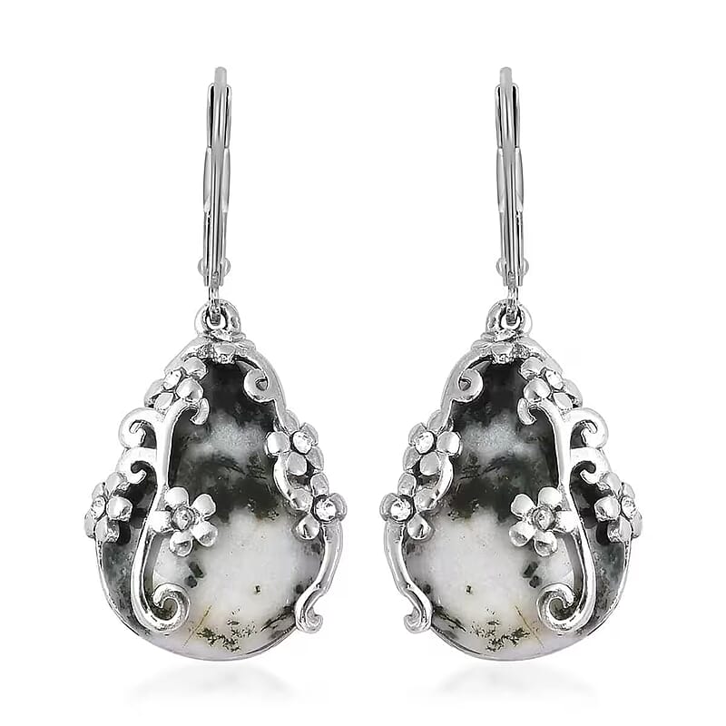 Set of Dendritic Agate 92.50 ctw Floral Earrings and Pendant Necklace, White Austrian Crystal Accent Jewelry Set in Stainless Steel, Birthday Gifts For Her