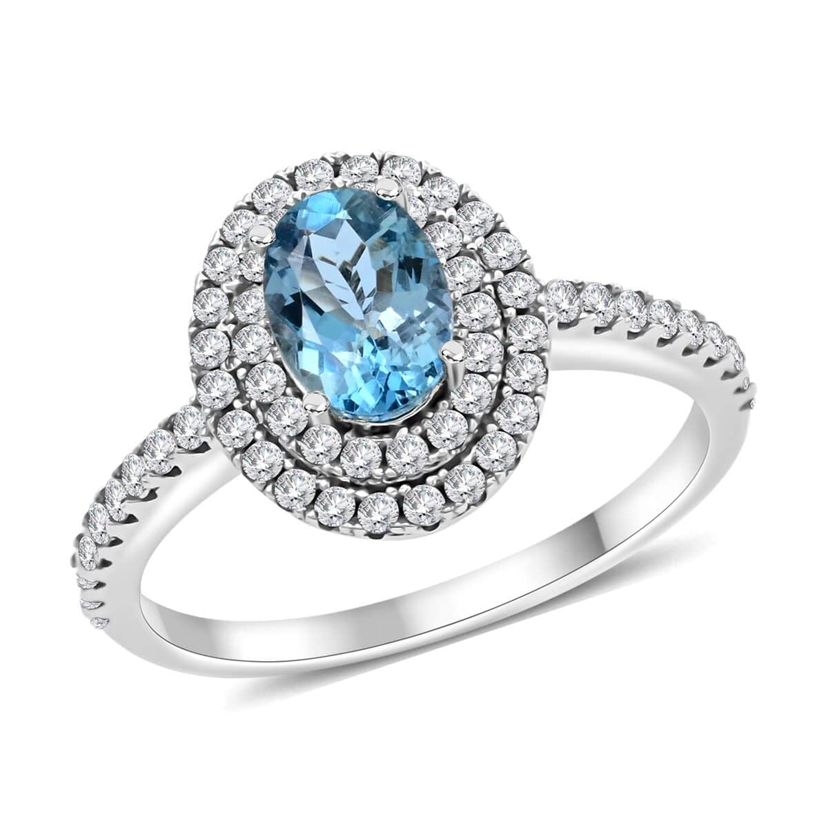 One Of A Kind Certified & Appraised Iliana 18K White Gold AAA Santa Maria Aquamarine and Diamond G-H SI Double Halo Ring (Size 7.0) 1.15 ctw image number 0