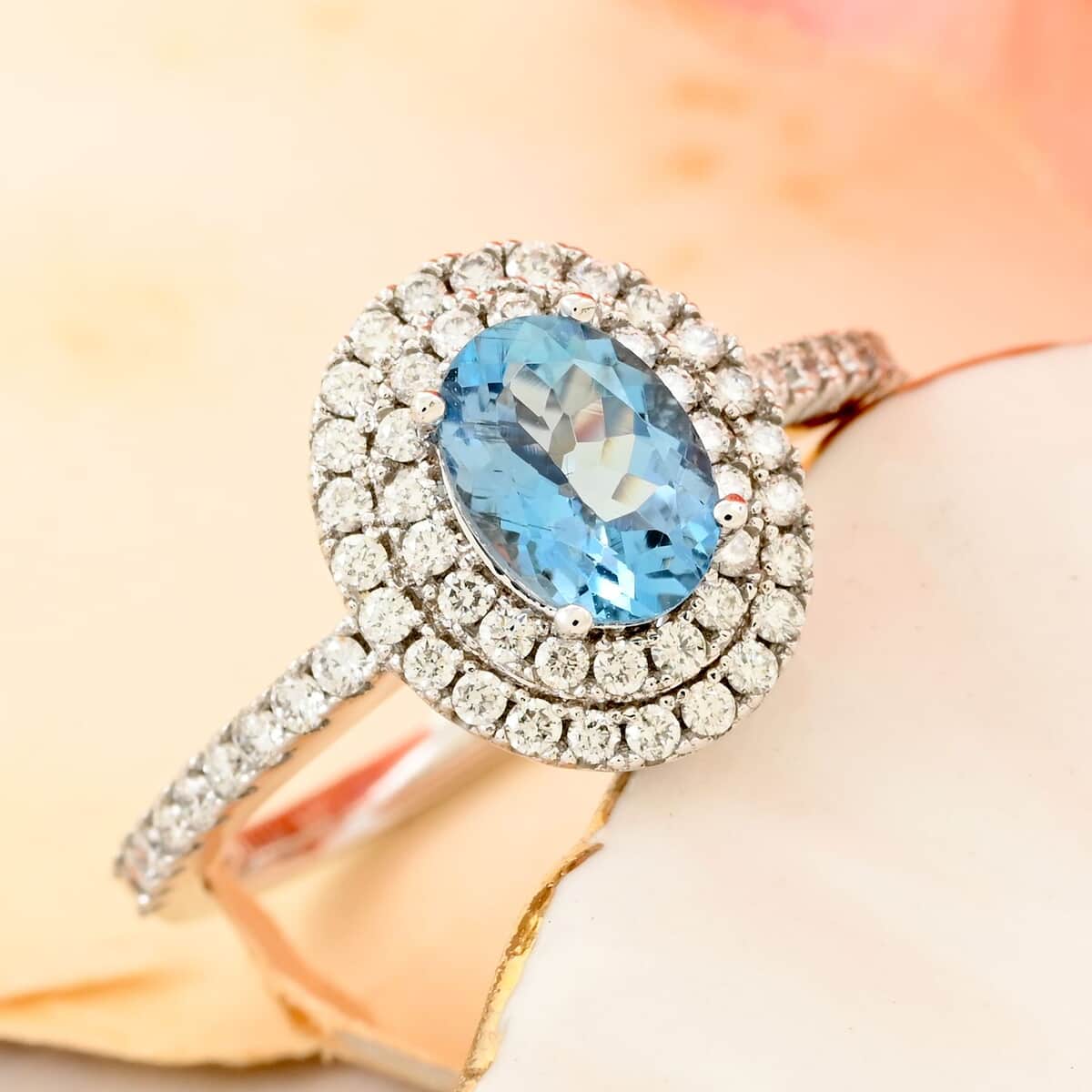 One Of A Kind Certified & Appraised Iliana 18K White Gold AAA Santa Maria Aquamarine and Diamond G-H SI Double Halo Ring (Size 7.0) 1.15 ctw image number 1