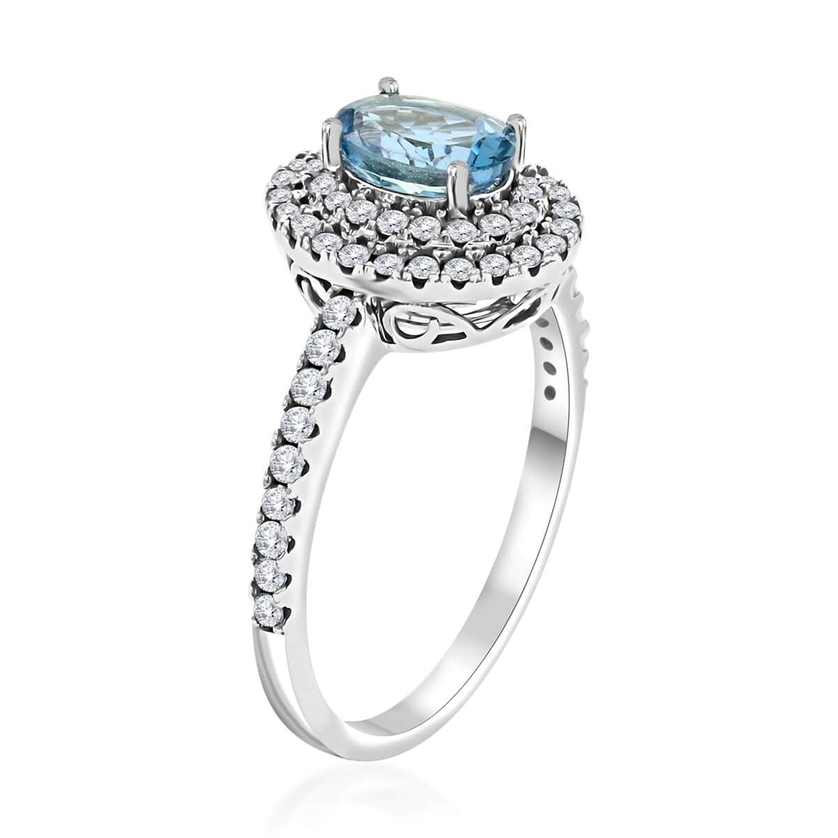 One Of A Kind Certified & Appraised Iliana 18K White Gold AAA Santa Maria Aquamarine and Diamond G-H SI Double Halo Ring (Size 7.0) 1.15 ctw image number 3