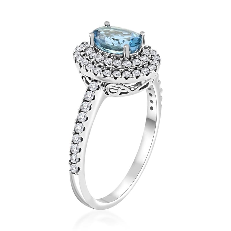 One Of A Kind Certified & Appraised Iliana 18K White Gold AAA Santa Maria Aquamarine and Diamond G-H SI Double Halo Ring (Size 7.0) 1.15 ctw