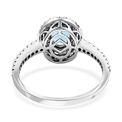 One Of A Kind Certified & Appraised Iliana 18K White Gold AAA Santa Maria Aquamarine and Diamond G-H SI Double Halo Ring (Size 7.0) 1.15 ctw