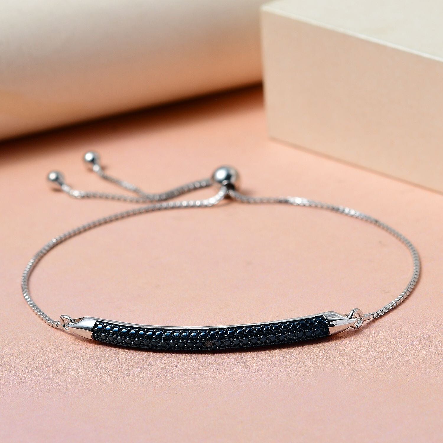 D'Joy Blue Diamond Accent Bolo Bar Bracelet in Rhodium and Platinum Over Sterling Silver