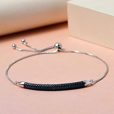 D'Joy Blue Diamond Accent Bolo Bar Bracelet in Rhodium and Platinum Over Sterling Silver