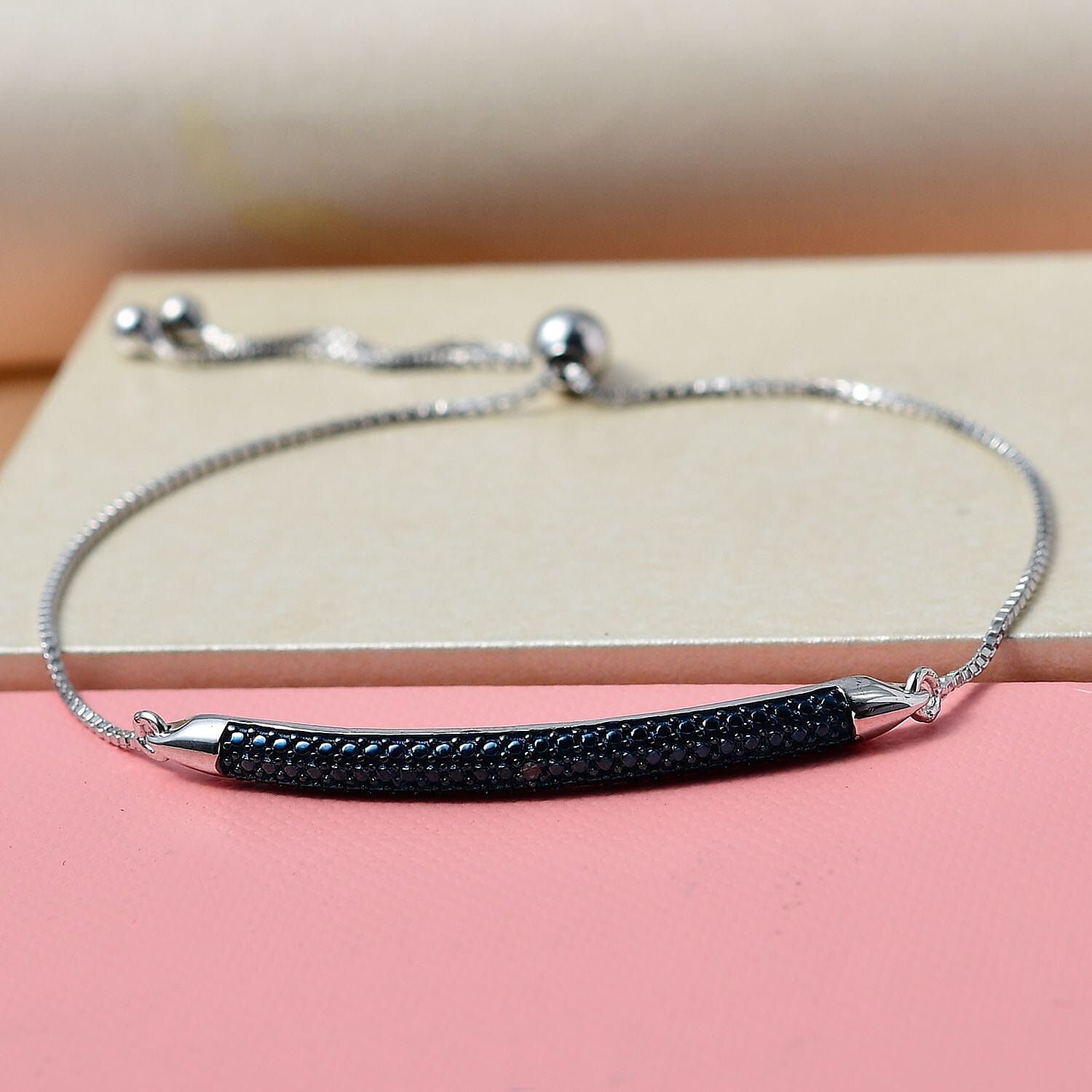 D'Joy Blue Diamond Accent Bolo Bar Bracelet in Rhodium and Platinum Over Sterling Silver