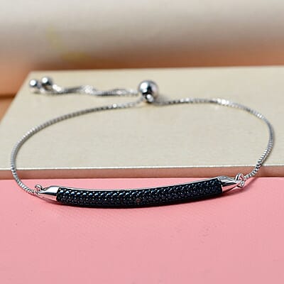 D'Joy Blue Diamond Accent Bolo Bar Bracelet in Rhodium and Platinum Over Sterling Silver