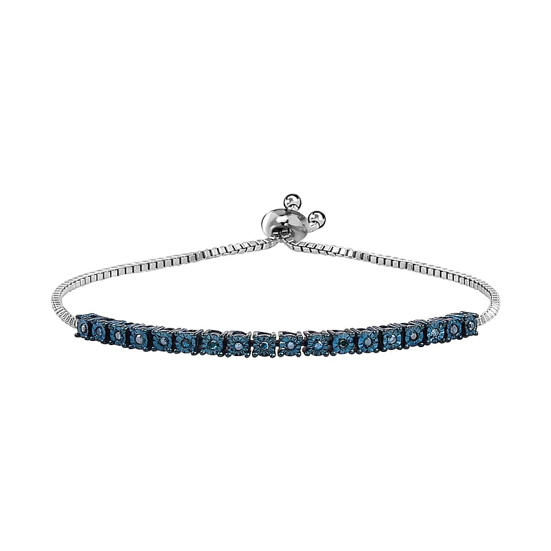 Blue Diamond Bracelet in Sterling Silver, Adjustable Bolo Bracelet, Tennis Bracelet for Women