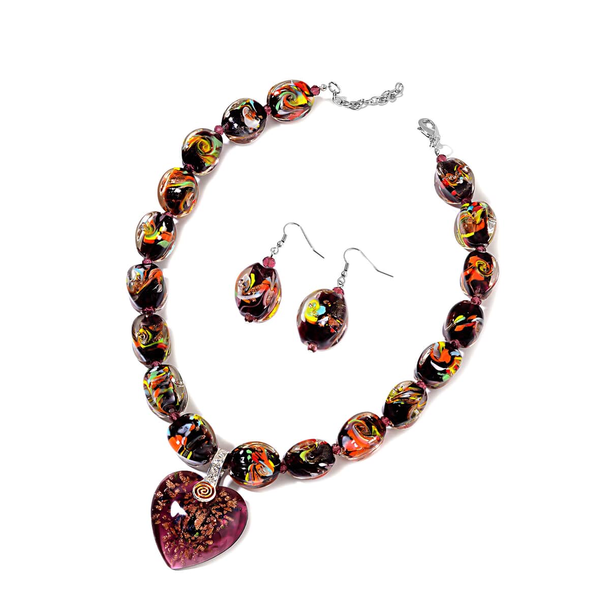 Murano Style, Purple Beaded and Austrian Crystal Enameled Earrings and Heart Charm or Pendant Necklace 21-23 Inches in Silvertone & Stainless Steel image number 0