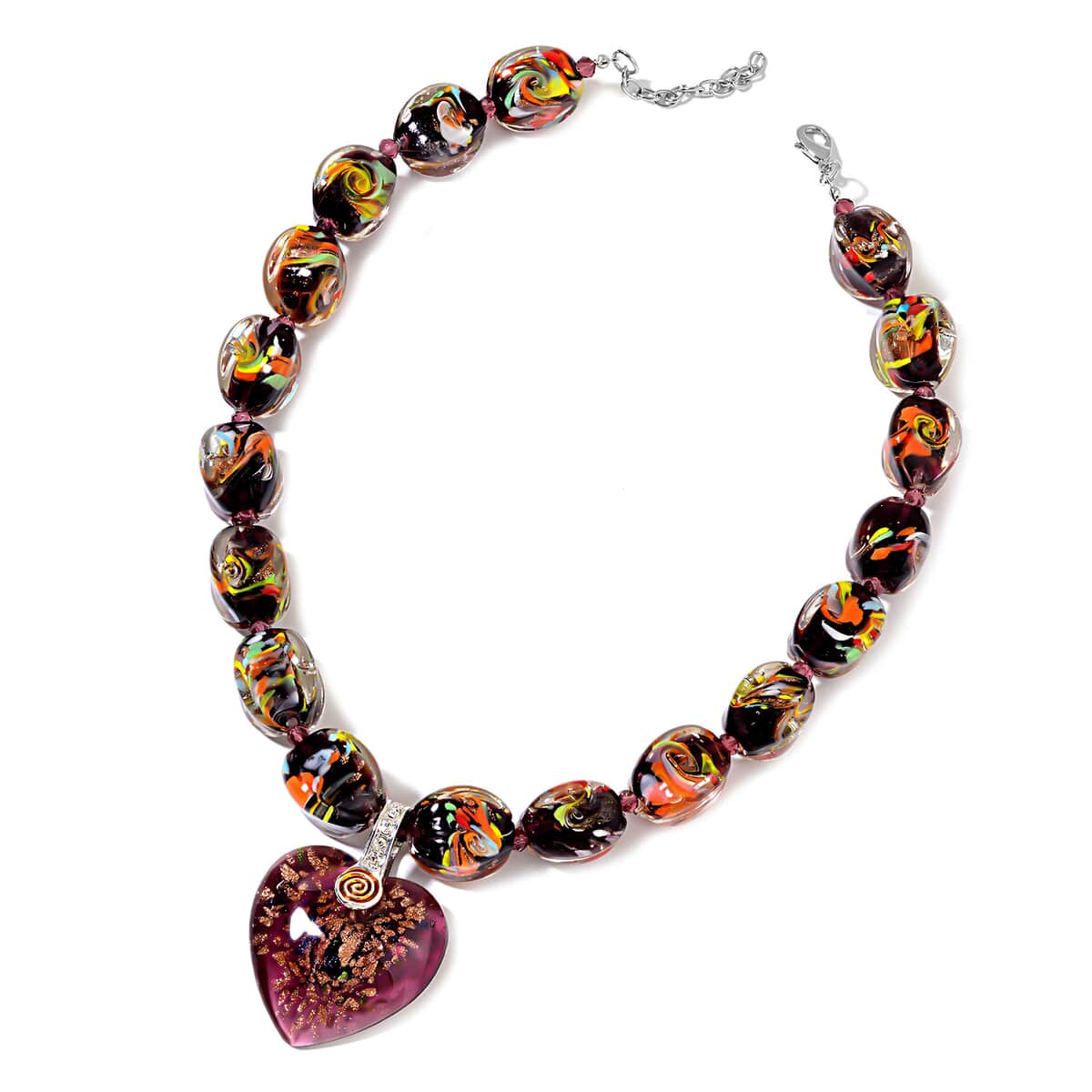 Murano Style, Purple Beaded and Austrian Crystal Enameled Earrings and Heart Charm or Pendant Necklace 21-23 Inches in Silvertone & Stainless Steel image number 2