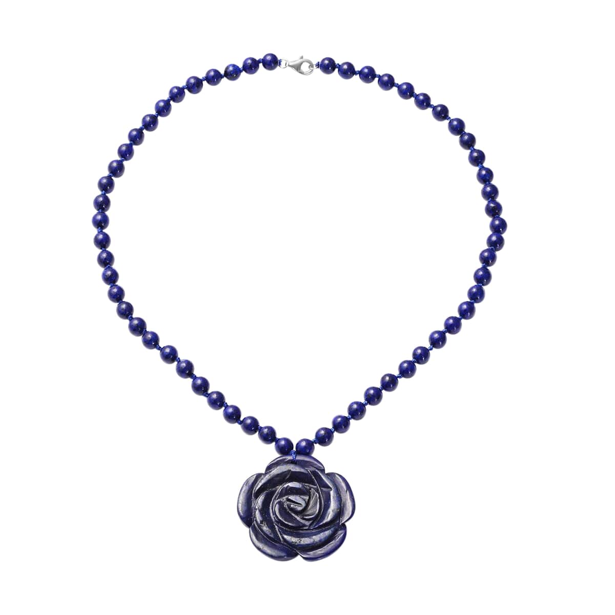 Lapis Lazuli Necklace, Carved Lapis Lazuli Necklace, Carved Flower Necklace, Sterling Silver Necklace, 18 Inch Necklace 171.00 ctw image number 0