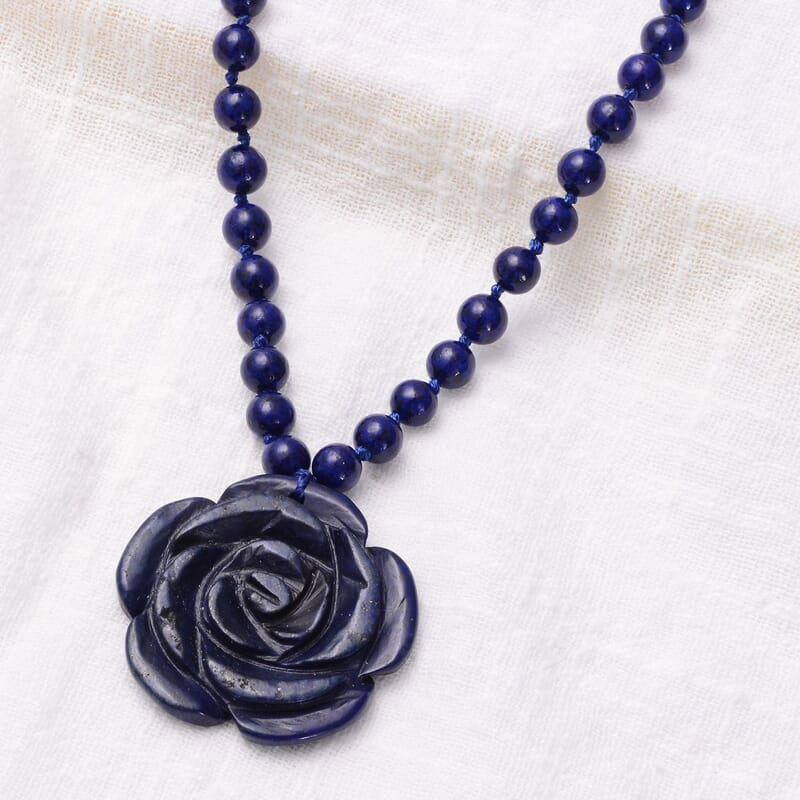 Lapis Lazuli Necklace, Carved Lapis Lazuli 171.00 ctw Necklace, Carved Flower Necklace, Sterling Silver Necklace, Necklace 18 Inch