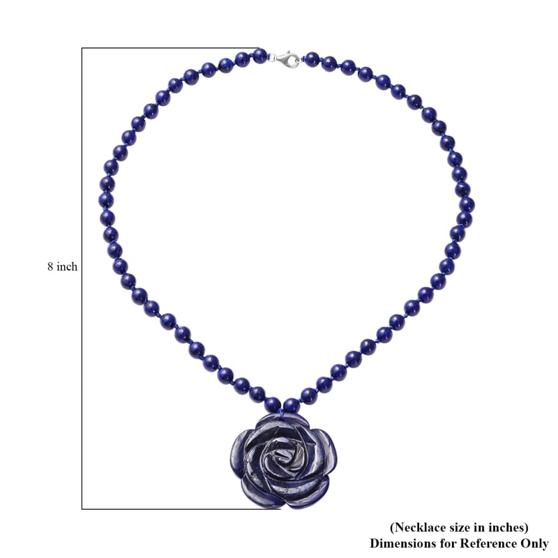 Lapis Lazuli Necklace, Carved Lapis Lazuli 171.00 ctw Necklace, Carved Flower Necklace, Sterling Silver Necklace, Necklace 18 Inch