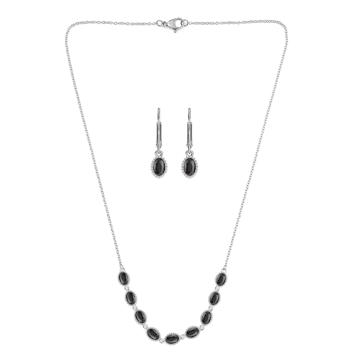 Simulated Black Diamond Drop Earrings and Necklace 18 Inch in Stainless Steel image number 0