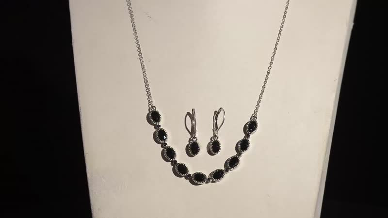 Simulated Black Diamond Drop Earrings and Necklace 18 Inch in Stainless Steel