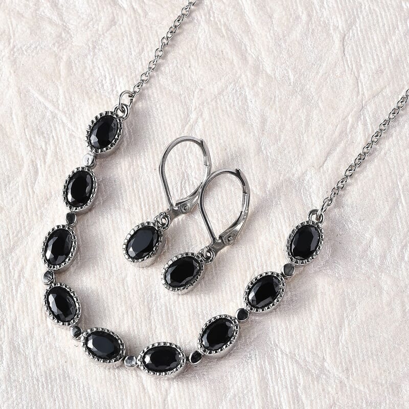Simulated Black Diamond Drop Earrings Princess Necklace in Stainless Steel, Simulated Diamond Jewelry Set For Women 18 Inches