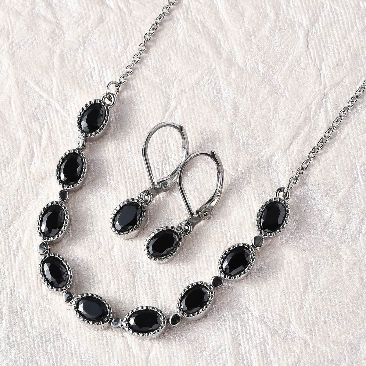 Simulated Black Diamond Drop Earrings and Necklace 18 Inch in Stainless Steel image number 1
