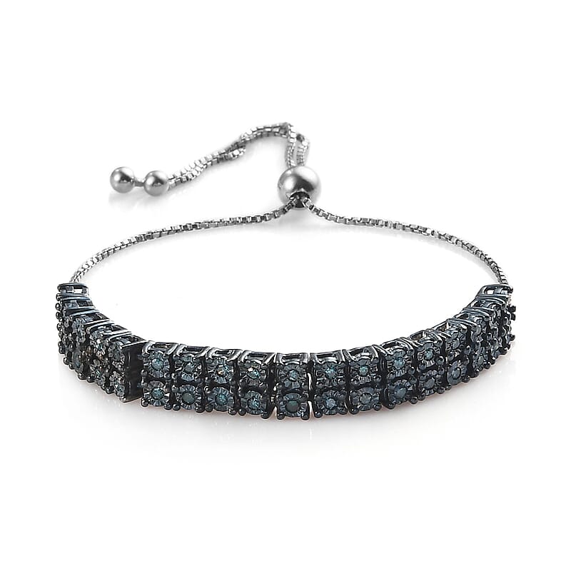 Blue Diamond Bolo Bracelet in Blue Rhodium and Sterling Silver 0.50 ctw